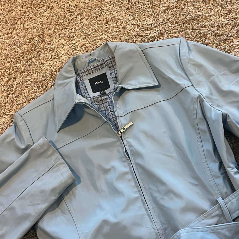 JLC‎ New York Light Blue Belted Zip Front Jacket Plaid Lined Womens Large